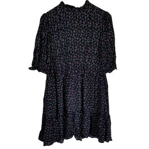 ZARA Black Floral Print Ruffle Mock Neck Tiered Mini‎ Dress Size M